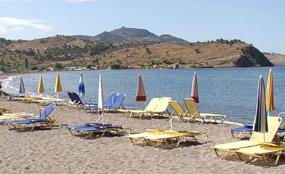 The long sandy beach of Anaxos, near Petra